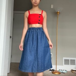 Blue denim midi skirt bought in Taiwan
Size: F (pretty stretchy)
$5